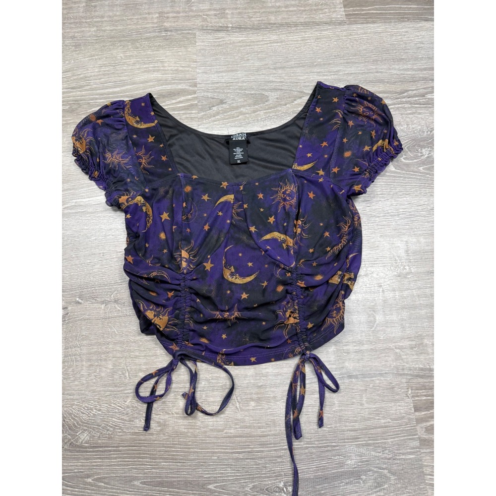 Cosmic Aura Celestial Sun Moon Stars Ruched Mesh Crop Top Purple XL